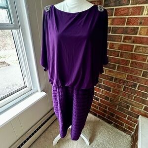 Xscape Purple Midi Dress Peak-a-boo Sleeves Pleated Skirt Beaded Accents Vtg